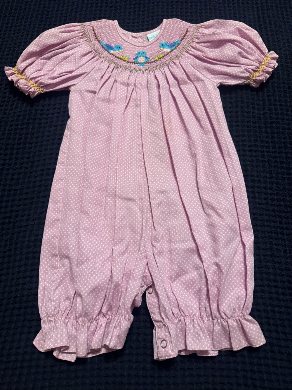 Smocked Pink Polka-Dot Baby One-Piece Romper with Bird Embroidery